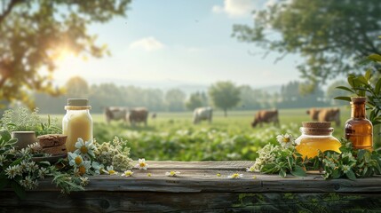Wall Mural - a wooden table with jars of honey and other items