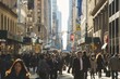 A crowded city street with many people walking, talking, and going about their day, A busy city street filled with people in business attire