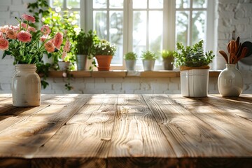 Wall Mural - A window with a view of a palm tree and a plant on a wooden table