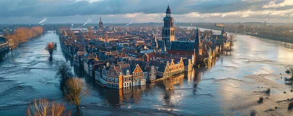 Aerial view of high water in river Waal in front of the city of Nijmegen, Gelderland, Netherlands.