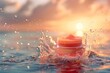 A lip balm in a water splash for a cosmetic ad on a bokeh background magically blurs the lines between everyday makeup and luxurious care