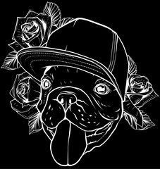 Sticker - white silhouette of Portrait of a Pug dog in a Rose flower head wreath on black background. Vector illustration.