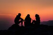 © SKIMP Art - silhouette of three people talking at dusk on top of the mountain, silhouette photography Generative AI