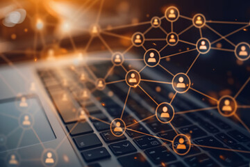 A computer keyboard with a network of people connected to each other