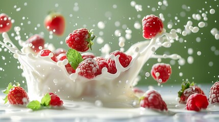 Wall Mural - A splash of milk with strawberries and raspberries on the ight green background.