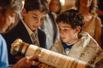 A Jewish family celebrates a Bar Mitzvah. Celebrating a bar mitzvah in the city synagogue. A young man performs a festive bar mitzvah ceremony. 