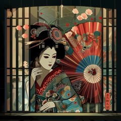 Wall Mural - Japanese art style creative design transforms traditional theater with holographic technology, creating immersive Kabuki performances, displayed in an illustration template