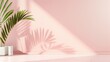 Minimalist pink background with potted plant shadow