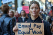 Woman at rally holding sign for equal pay and fair treatment