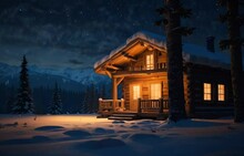 Solitary Snowbound Log Cabin With Smoking Chimney And Lighted Window Among Fir Forest High In Snowy Alpine Mountains At Snowfall Winter Night. 3D Animation In Cinemagraph Style Rendered In 4K