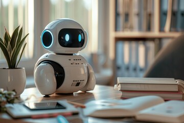 Poster - White robot resting on top of brown wooden table, A chatbot providing personalized study tips and feedback