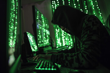 A person in a hoodie is typing on a keyboard