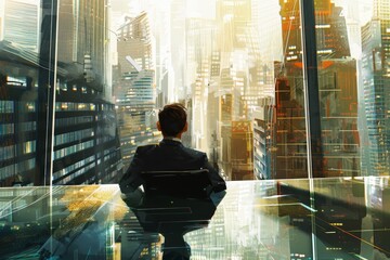 Sticker - A man in urban attire stands before a window, gazing at the city buildings and streets below, A chic executive sitting at a glass desk, surrounded by high-rise buildings and a view of the skyline