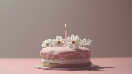   A pink cake topped with a single candle, decorated with pink frosting and white daisies