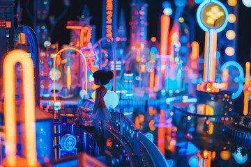 A girl stands on a bridge in front of a neon sign