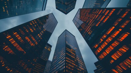 Wall Mural - overwhelming perspective of looking upwards at skyscrapers at twilight, reflecting an intense city l