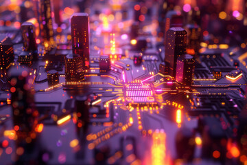 Poster - A computer circuit board with a city in the background