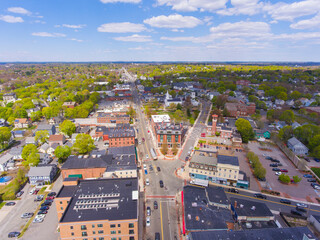 Wall Mural - Central Street aerial view with historic commercial buildings in historic town center of Stoneham, Middlesex County, Massachusetts MA, USA. 