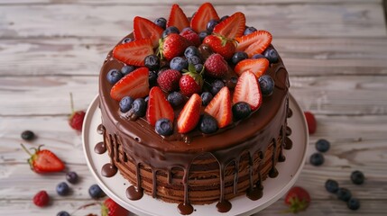 Wall Mural -   A chocolate cake, topped with strawberries and blueberries, sits elegantly on a pristine white plate atop a weathered wooden table