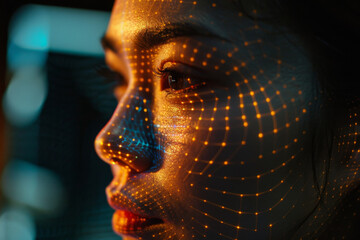 Wall Mural - A close up of a woman 's face with glowing dots on it