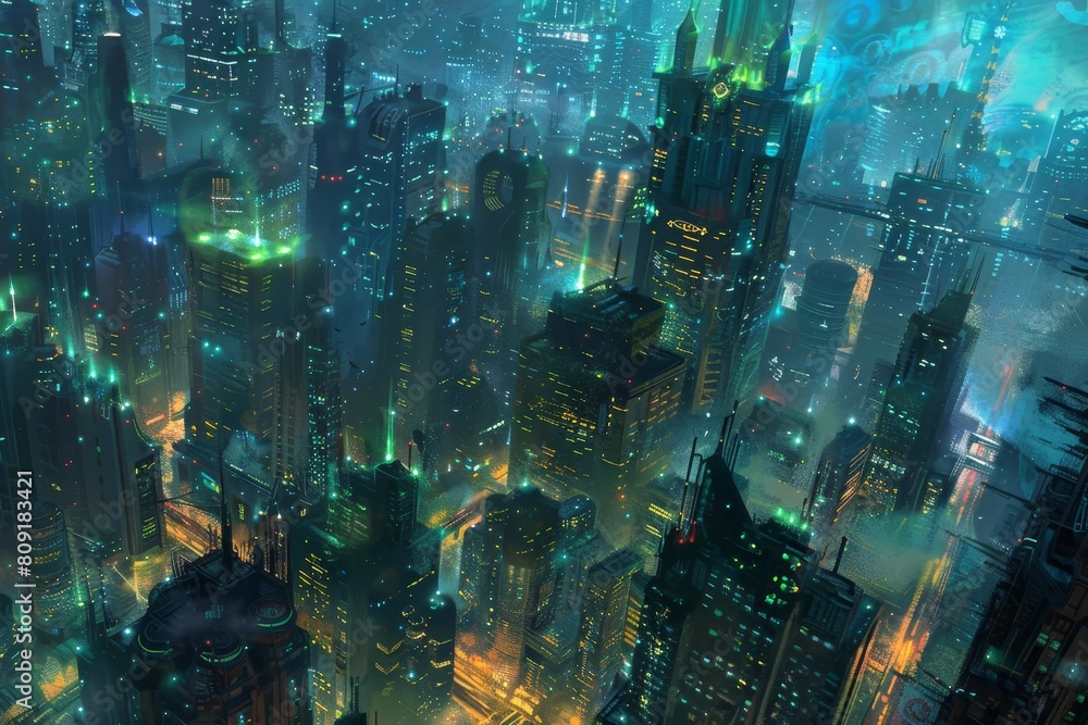 A futuristic city skyline featuring numerous tall buildings against a ...