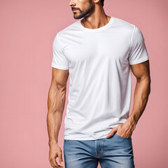 cropped shot of bearded man in blank white t-shirt isolated on pink