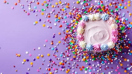 Wall Mural -   A cake with white frosting, surrounded by multicolor sprinkles, against a purple backdrop, features confetti