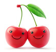 Pair of smiling cherries with a shared leaf on white background