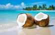 coconuts on white beach sand over blue transparent ocean wave ba