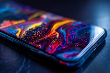 Poster - Detailed view of a cell phone resting on a table surface, A close-up of a smartphone screen displaying a digital art gallery