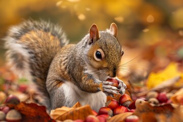 Canvas Print - A squirrel munching on a nut among fallen leaves, A close-up of a squirrel gathering acorns for the winter