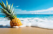pineapple fruits on white beach sand over blue transparent ocean