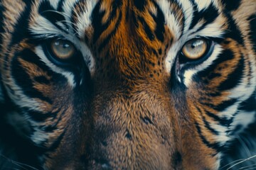 Poster - A detailed view of a tigers face showing its blue eyes and fierce expression, A close-up of a tiger's piercing eyes