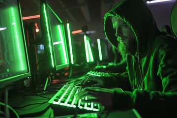 Wall Mural - A man in a green hoodie is typing on a keyboard