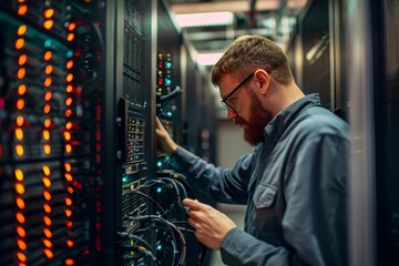 Canvas Print - A man focused on configuring a server in a busy server room filled with cables and technology equipment, A cloud security architect designing secure cloud storage solutions