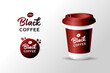 Black Coffee creative logo concept with 3d coffee cup. Realistic blank mock up paper cup with plastic lid, coffee to go take out mug. Vector illustration