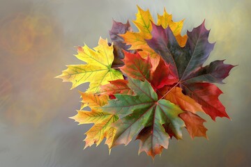 Wall Mural - A bunch of multicolored leaves drift gently through the air, A cluster of multicolored leaves drifting gently in the autumn breeze