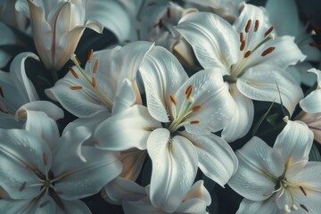 Sticker - A bunch of white flowers with red stamens clustered together, A cluster of white lilies with intricate petals