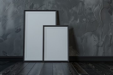Wall Mural - minimalistic mockup of two empty ones in a metal frame near a dark gray wall on a dark wooden floor, simple, minimalistic photo mockup