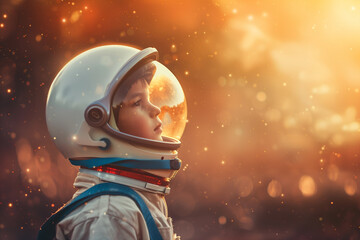 little boy wearing an astronaut helmet dreams of becoming a rocket pilot spaceman in astronaut costu