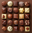 Variety of exquisite chocolates with different toppings, flat lay