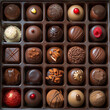 Box of assorted chocolates with nuts, fruits, and various decorations, top view