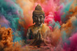 © RetoricMedia - Stone statue of buddha meditating against color explosion background