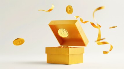 3D Open gift box with floating gold coin and serpentine ribbon. Cash surprise box. Money prize reward. Loyalty program concept. Cartoon creative design icon isolated on white background. 3D Rendering