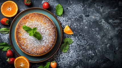 Canvas Print -   A plate holds a cake, its surface dusted with powdered sugar Oranges, sliced, surround it Mint and strawberries are placed nearby