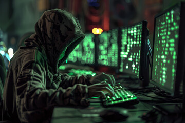 A person in a hoodie is typing on a computer keyboard
