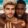Zwei junge schwule Männer umarmen sich zärtlich