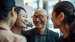 © yj - a happy group of business people having a conversation in an office, an asian businessman wearing glasses and a woman talking to each other. generative AI