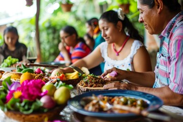 Sticker - A group of people, likely a Colombian family, sitting at a table with plates of traditional food, enjoying a meal together, A Colombian family enjoying a traditional meal together