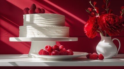 Poster -   A white cake sits atop a table Nearby, a white vase holds red flowers and raspberries